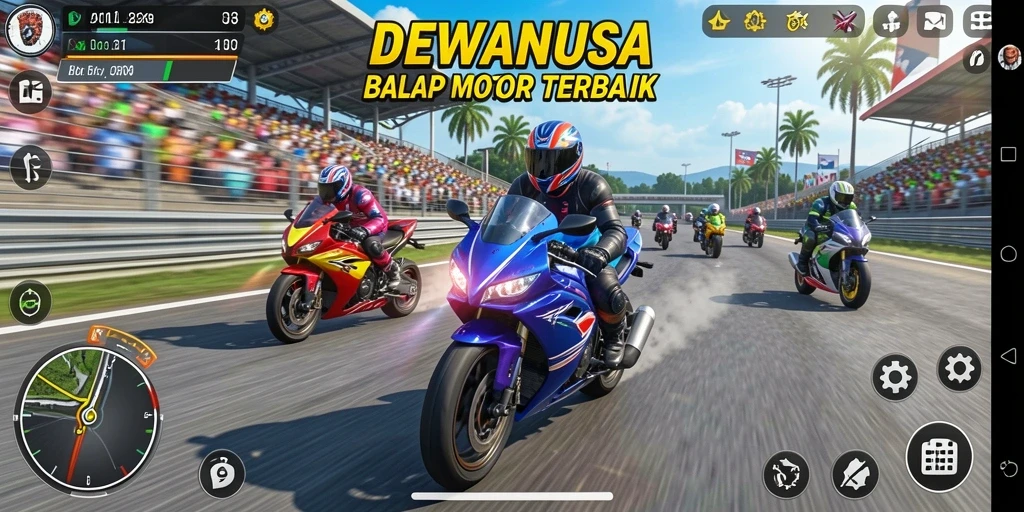 Tampilan gameplay seru di DEWANUSA dengan berbagai motor balap.