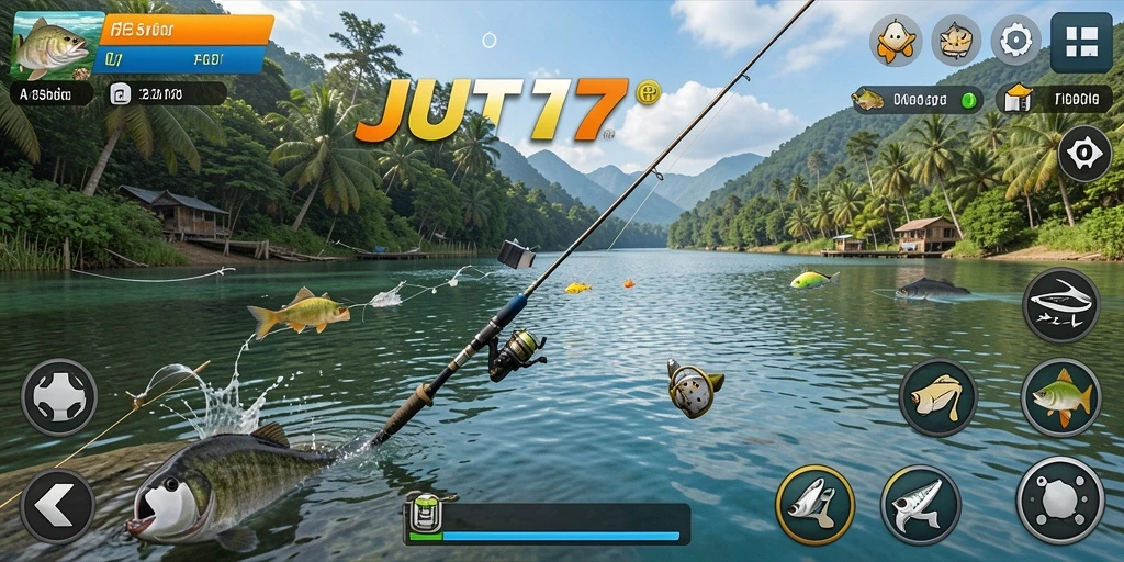 Tampilan gameplay JUTA7 saat pemain menangkap ikan di laut.