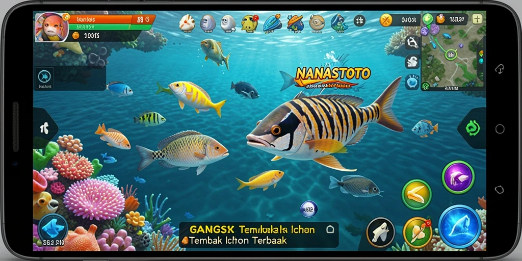 Tampilan menarik dari gameplay NANASTOTO saat menembak ikan di bawah laut.